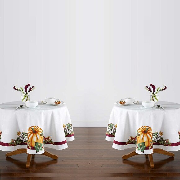 2 new PUMPKIN BORDER 70" Round Damask Thanksgiving Harvest Tablecloths - Picture 1 of 6